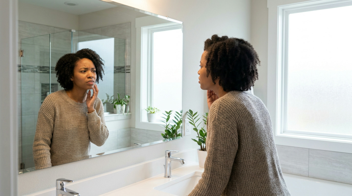 Ashley, wearing a beige sweater, looks at her reflection in a bathroom mirror with a concerned expression, touching her chin. The modern bathroom has a sink, faucet, plants, and a window with natural light.