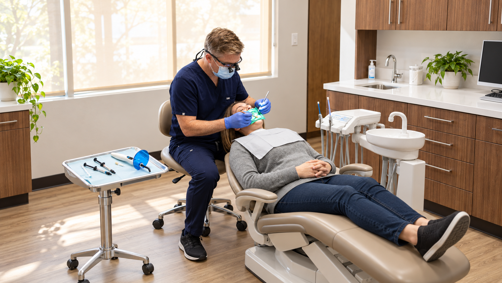 A dentist at Schaar Dental Wellness in Victoria, TX, applies composite layers to a reclined patient during a procedure.