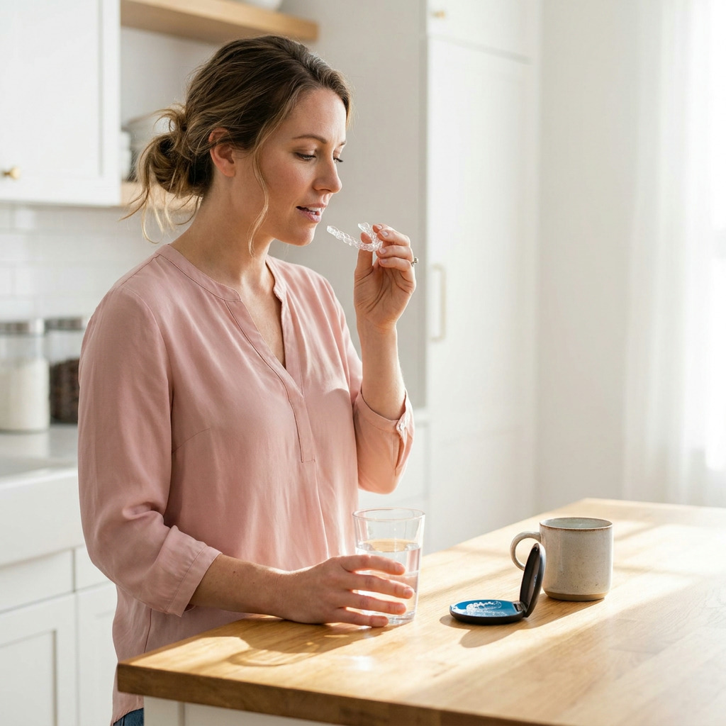 Kristen holds a clear aligner tray and a glass of water while standing at a kitchen island, with an open aligner case and a mug on the counter.