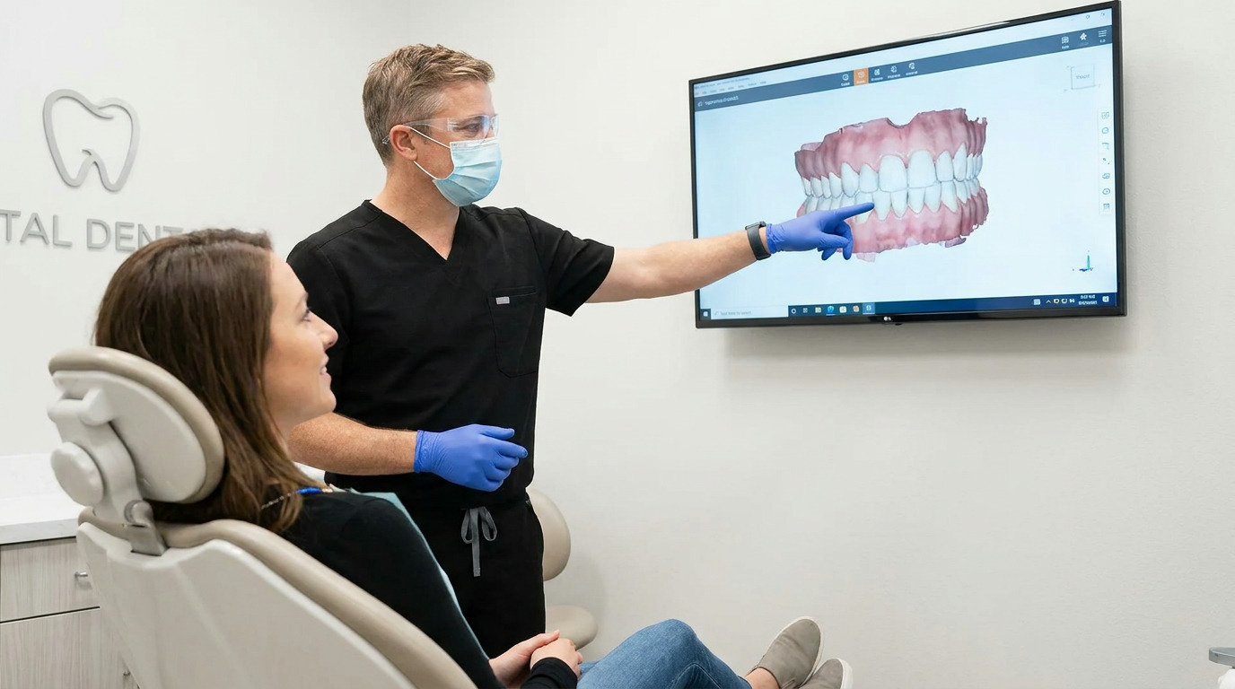 Dr. Taylor Schaar, wearing scrubs, a mask, and safety glasses, points to a 3D dental model on a monitor while Kristen sits in a dental chair.
