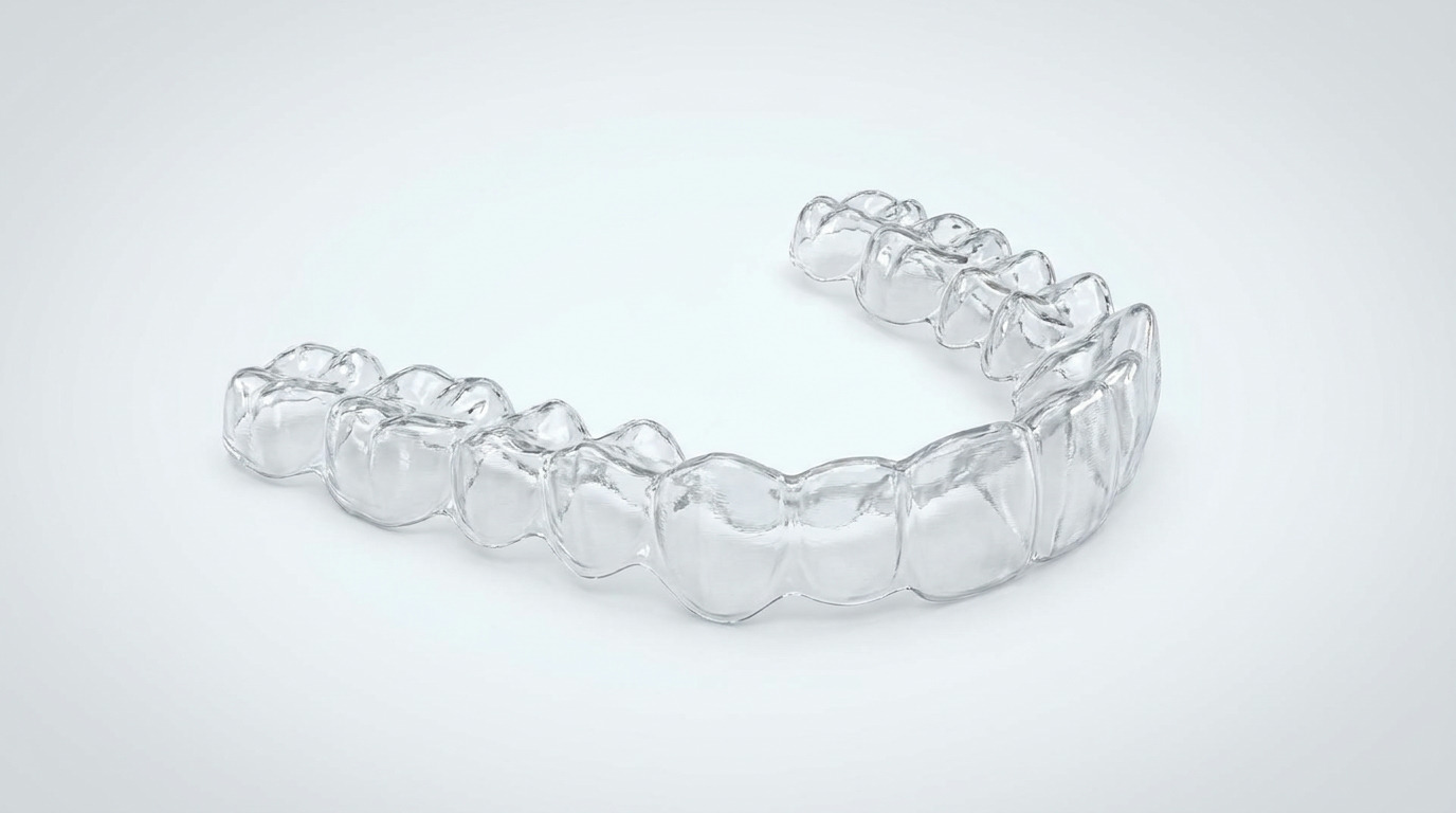 A series of clear aligner trays are arranged in a subtle arc on a light, gradient background.