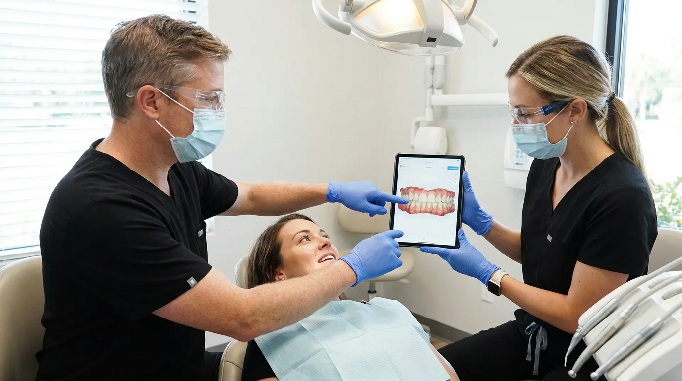 Two dental professionals in scrubs, masks, and safety glasses show a patient in a dental chair a 3D dental scan on a tablet, with one pointing at the screen.