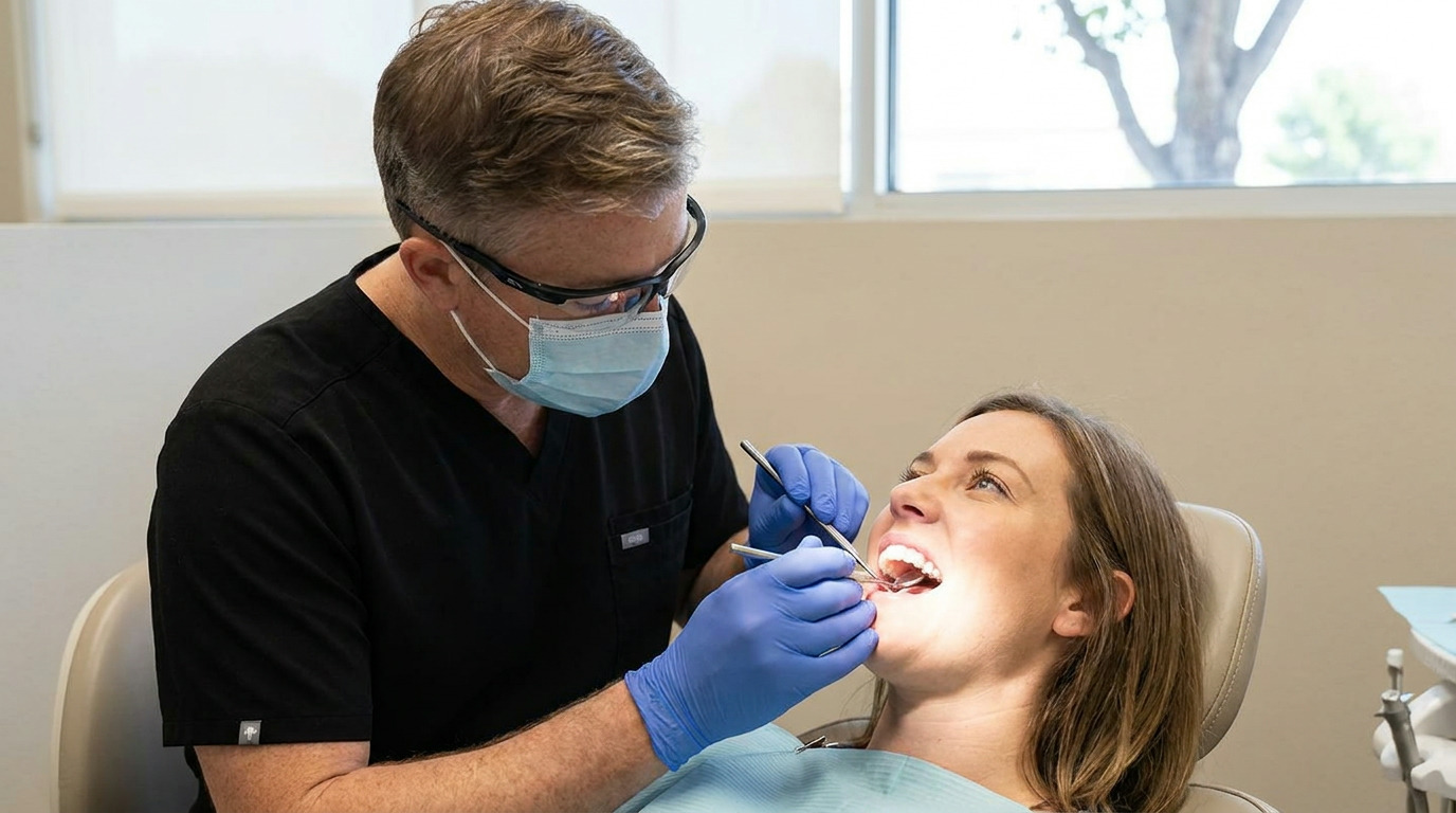 A dentist wearing a mask, safety glasses, and blue gloves examines a patient's open mouth with dental tools while she reclines in a dental chair.