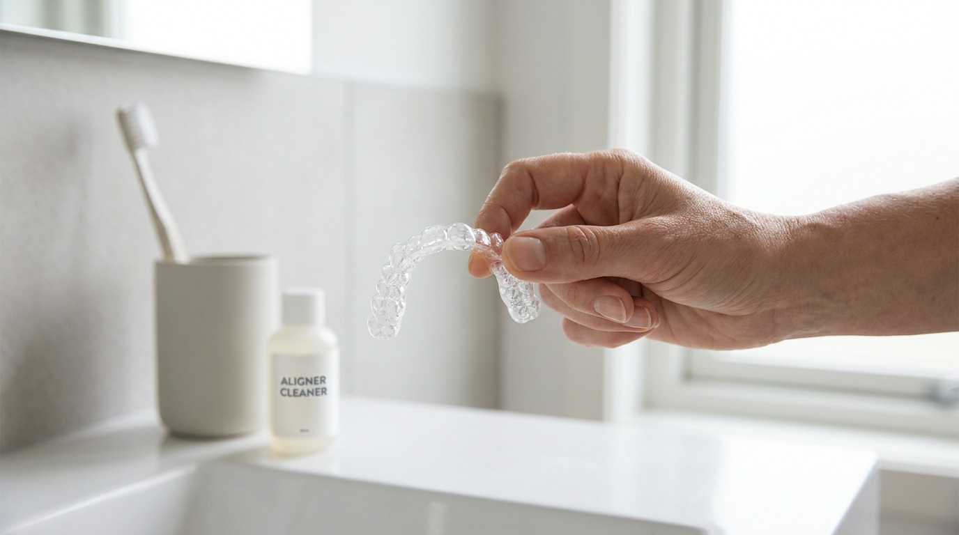 A hand holds a clear dental aligner over a bathroom sink with a toothbrush in a cup and a bottle of aligner cleaner.