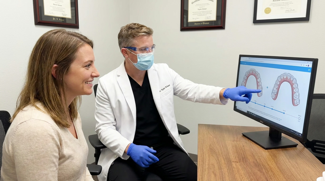 Kristen smiles while Dr. Taylor Schaar, wearing a white lab coat, blue gloves, mask, and safety glasses, points to a computer screen displaying a clear aligner progression diagram for teeth.
