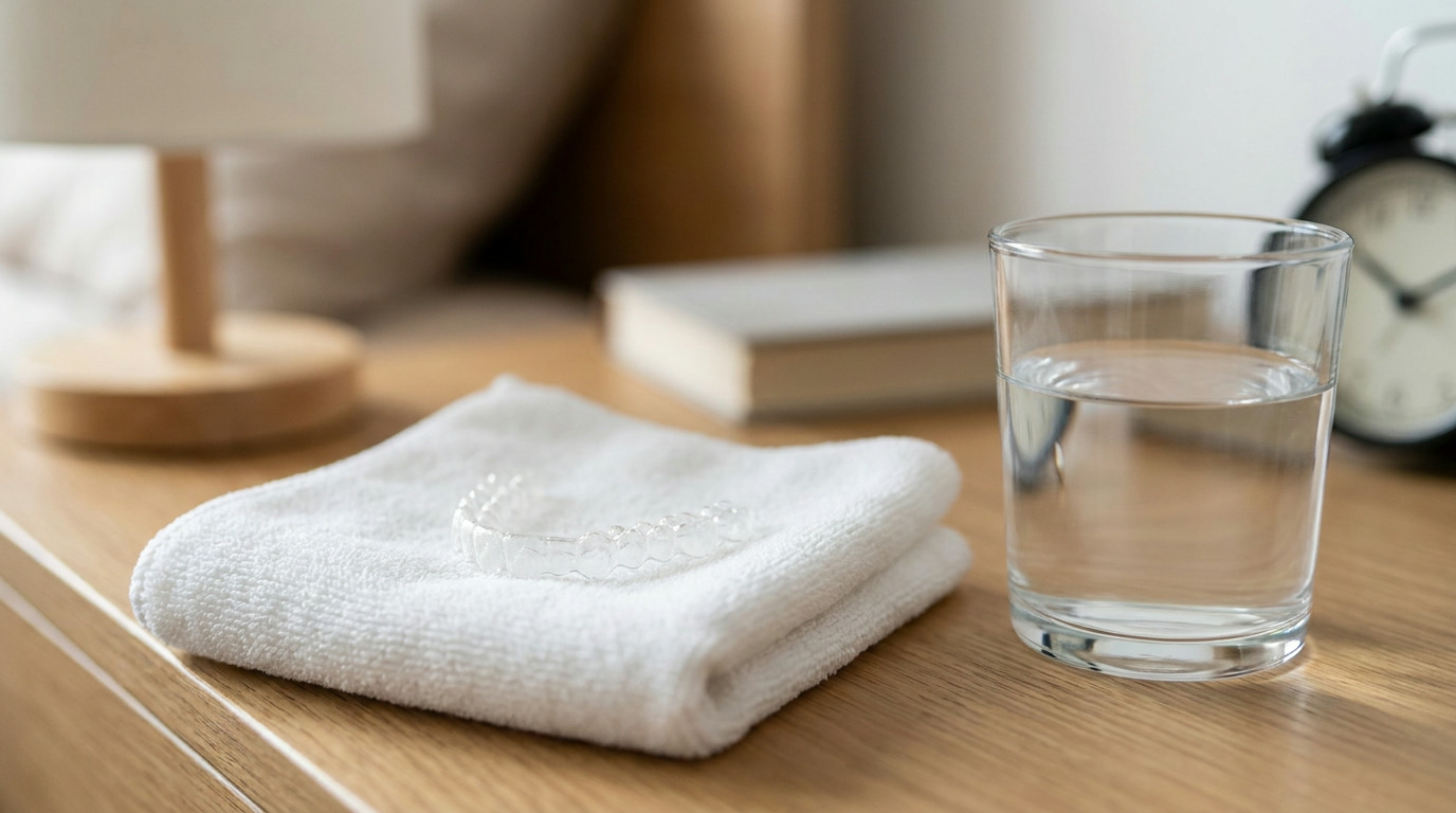 A clear dental retainer rests on a folded white towel next to a glass of water on a wooden bedside table, with a lamp, book, and alarm clock blurred in the background.