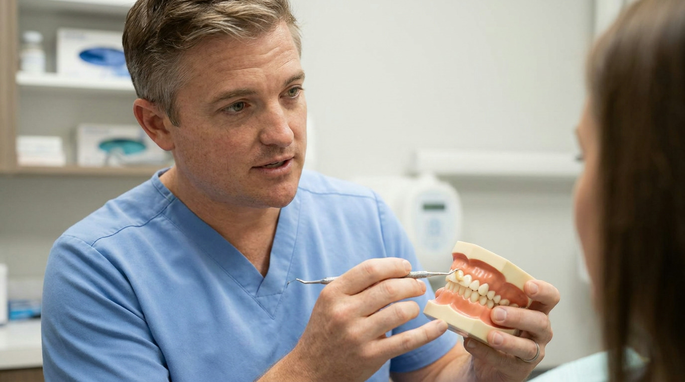 Dr. Taylor Schaar, wearing light blue scrubs, holds a dental model and a dental tool, pointing at the model while looking towards an unseen person in a clinic setting.