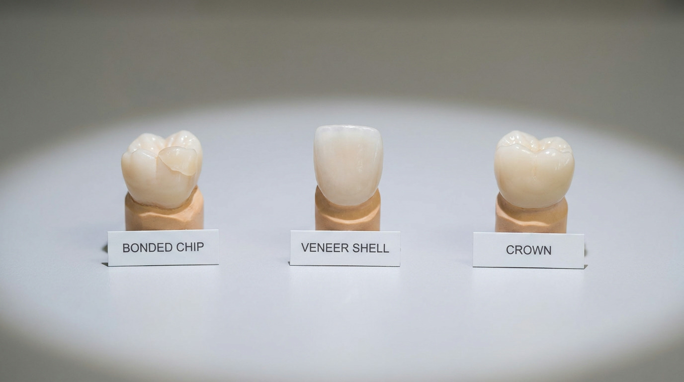 Three dental models, labeled "BONDED CHIP," "VENEER SHELL," and "CROWN," are displayed on a light gray surface, each on a small wooden base.