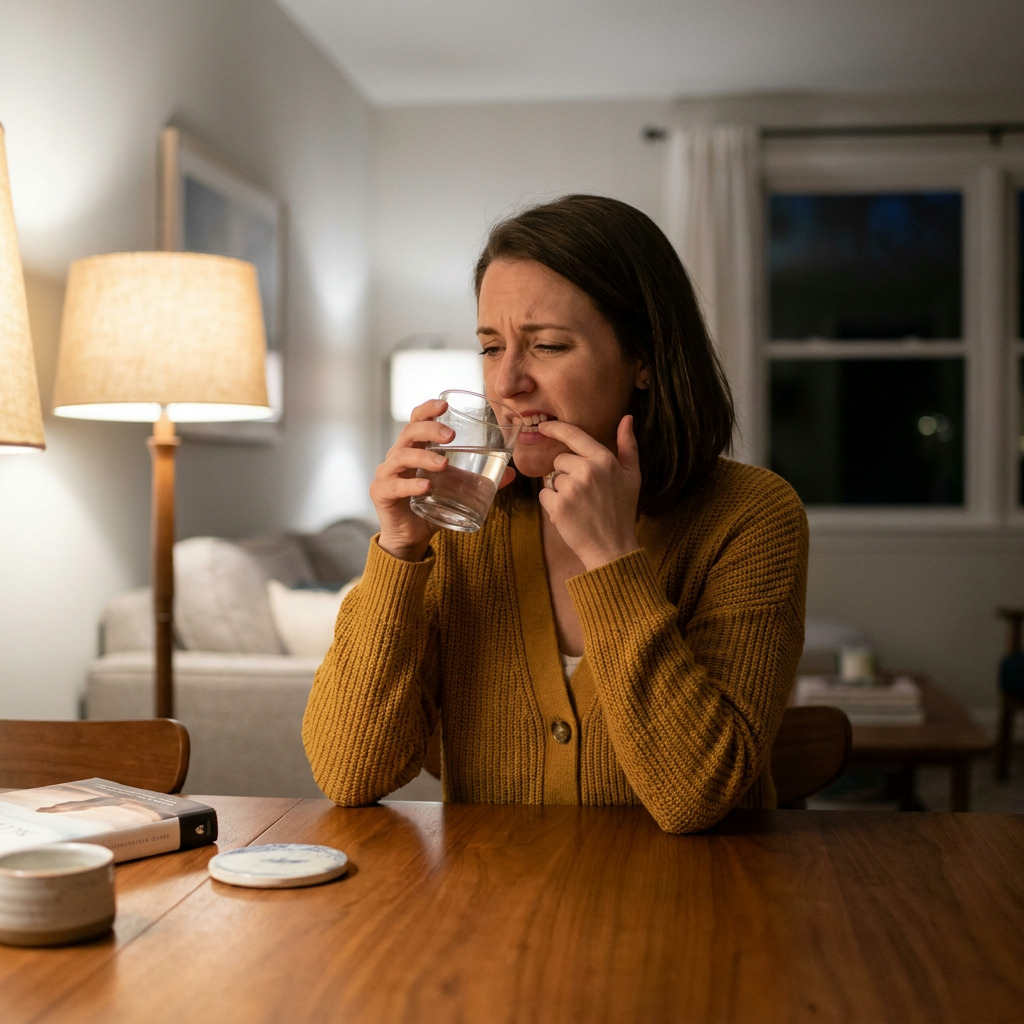 Allison sips water from a glass with a wince, touching her front tooth, while seated at a wooden table with a book and coaster in a dimly lit room with lamps.