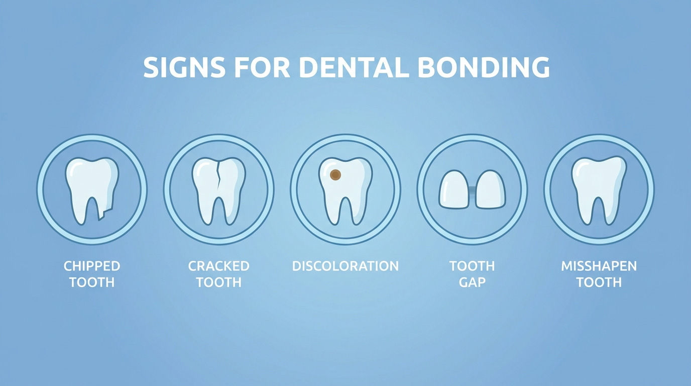 Infographic with the title "SIGNS FOR DENTAL BONDING" above five circular icons, each depicting a tooth condition: a chipped tooth, a cracked tooth, a tooth with discoloration, two teeth with a gap, and a misshapen tooth.
