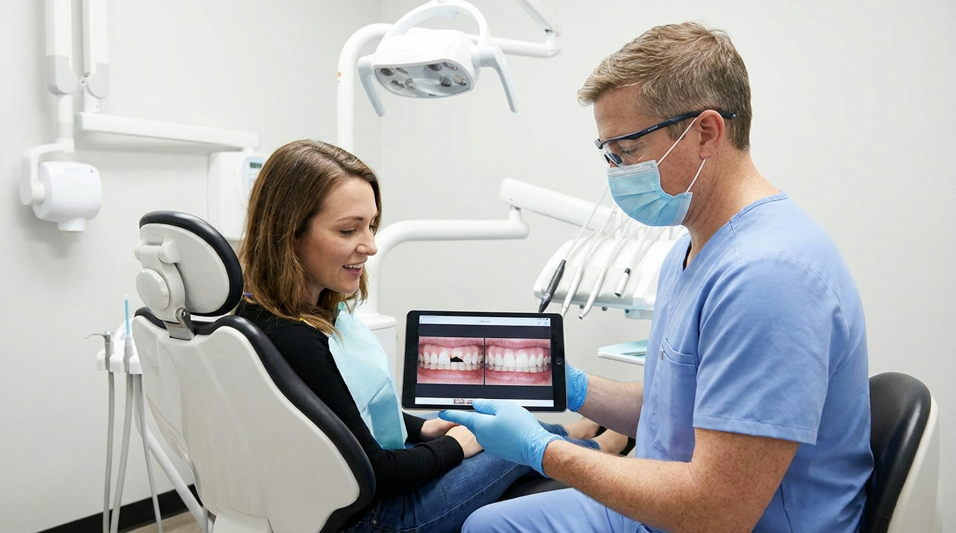 Dr. Taylor Schaar, wearing blue scrubs, a mask, and glasses, shows Allison, seated in a dental chair, a tablet displaying a before-and-after image of teeth.