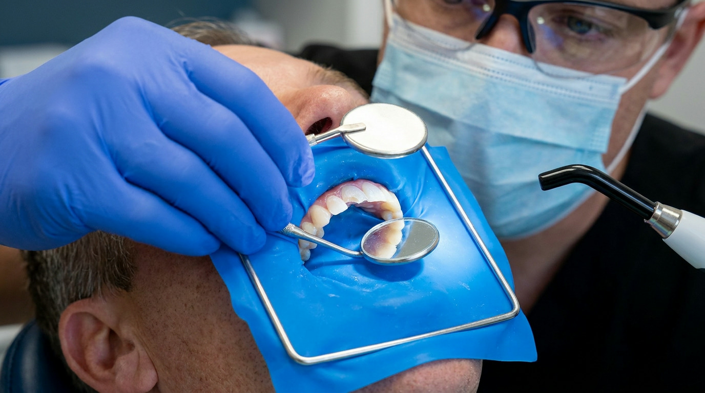 A dentist in glasses and a face mask holds a light curing tool near a patient's mouth, which is open with a blue dental dam and two dental mirrors reflecting the teeth.
