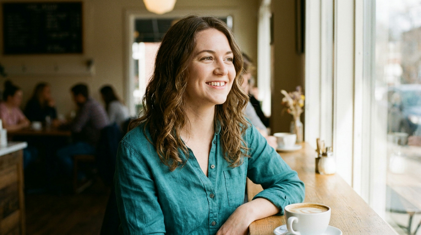 Megan smiles, looking out a cafe window, with a latte on the wooden table beside her, and other blurred patrons in the background.