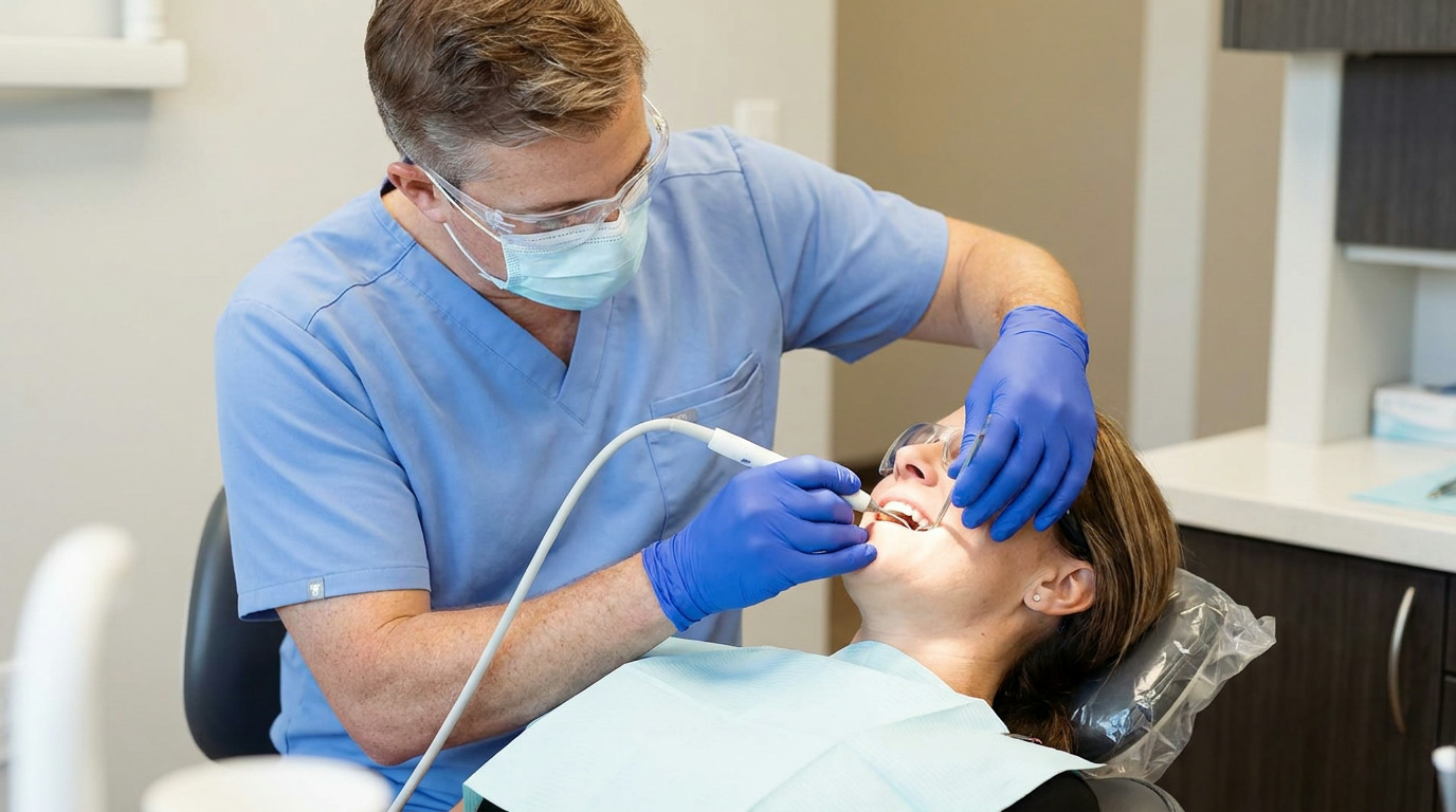 A dentist in blue scrubs, mask, and safety glasses uses an ultrasonic scaler on a patient's teeth, who is wearing safety glasses and a light blue bib in a dental office.