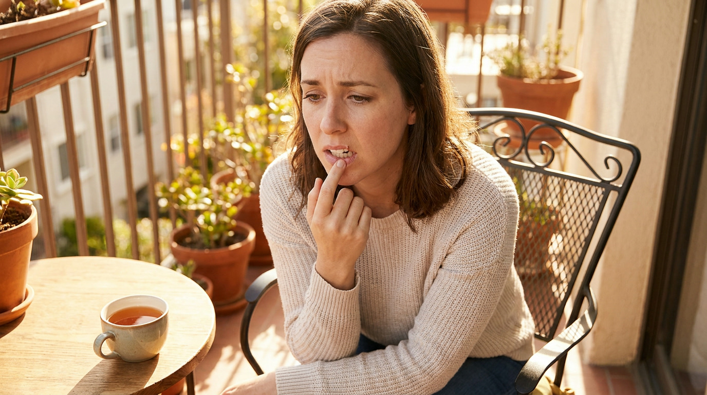 Allison sits on a sunny balcony, wearing a light sweater, touching her lower lip with her finger, looking concerned, with a cup of tea on a small wooden table beside her.