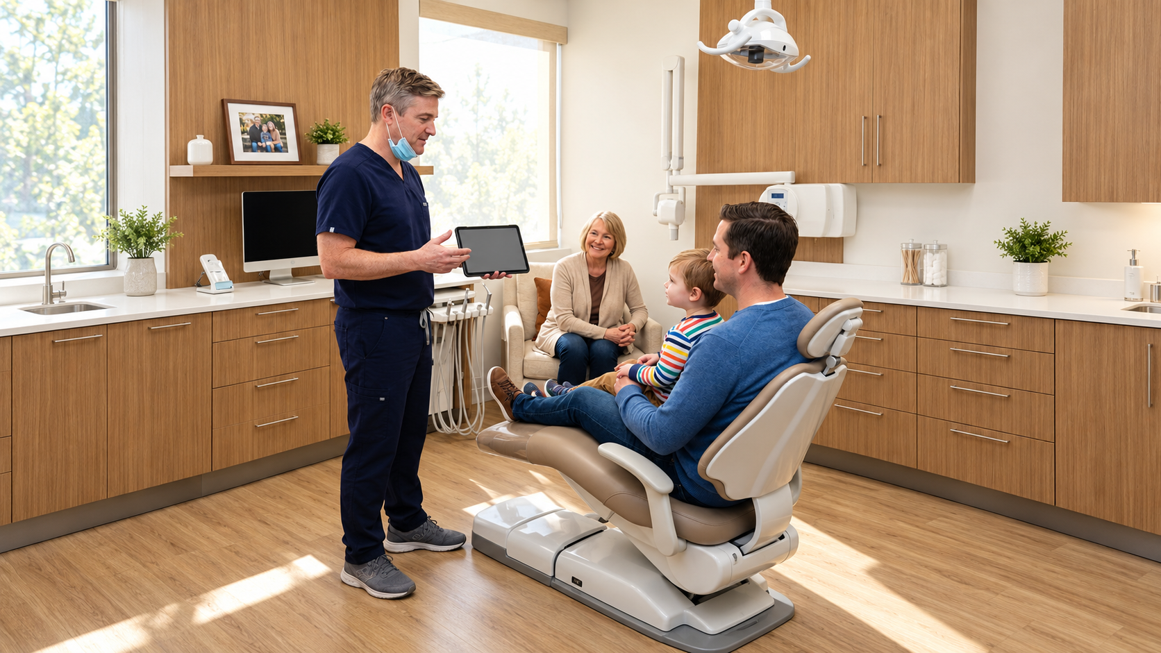 A Victoria, TX dentist at Schaar Dental Wellness discusses care plans with three generations of a family in a modern room.