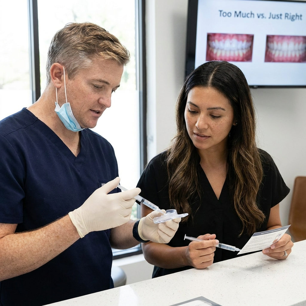 A dentist at Schaar Dental Wellness in Victoria, TX shows a patient how to apply whitening gel to a custom tray.
