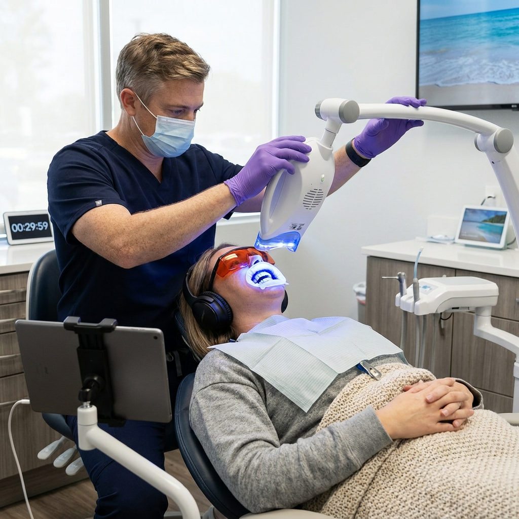 A dentist at Schaar Dental Wellness in Victoria, TX, positions an LED light for a patient during a teeth whitening procedure.