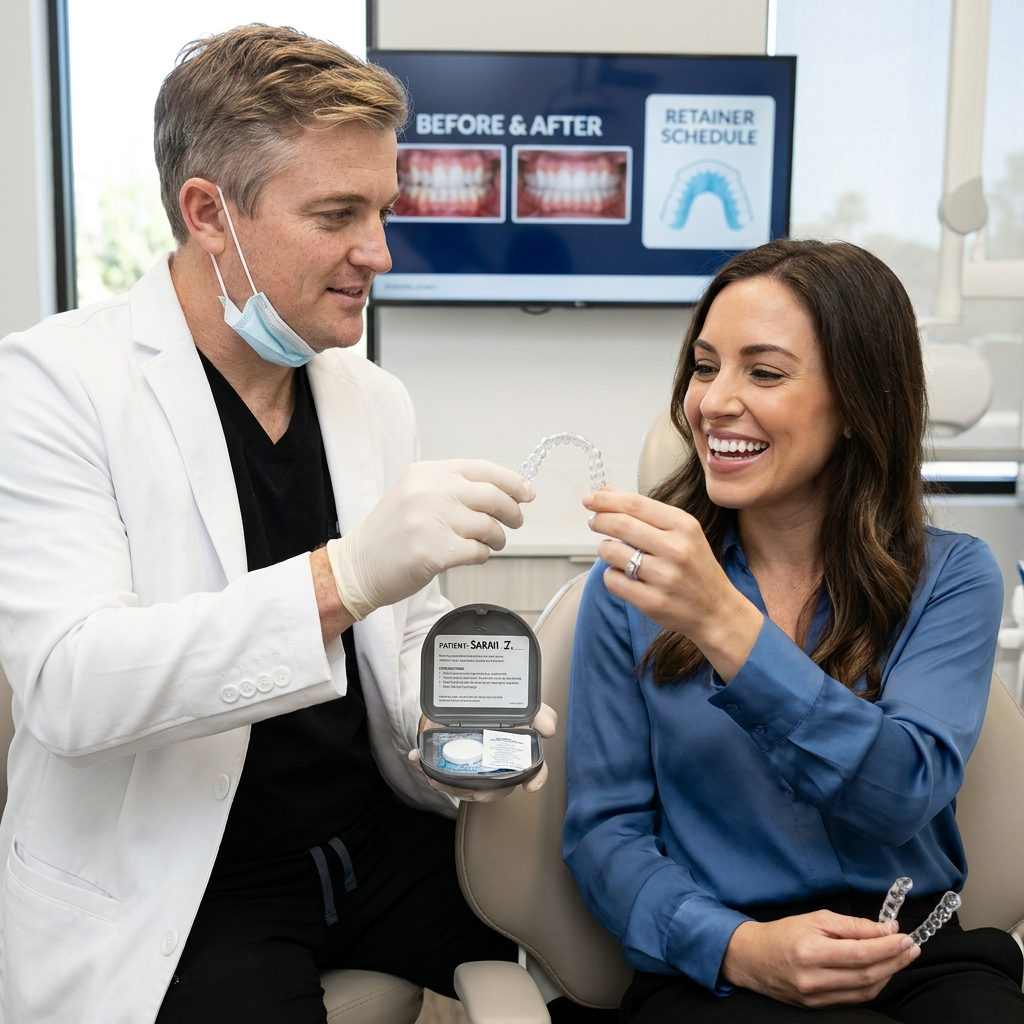 A dentist at Schaar Dental Wellness in Victoria, TX presents clear retainers to a smiling patient after aligner treatment.