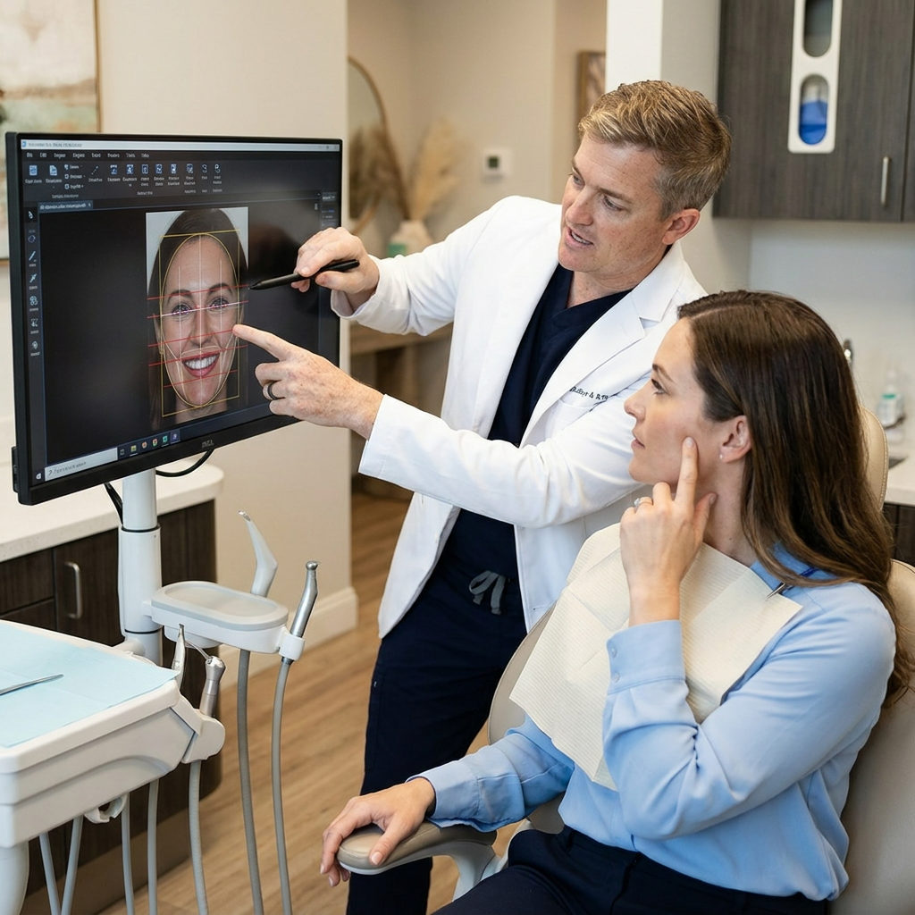 A dentist at Schaar Dental Wellness in Victoria, TX uses digital facial analysis to plan a smile design for a patient.