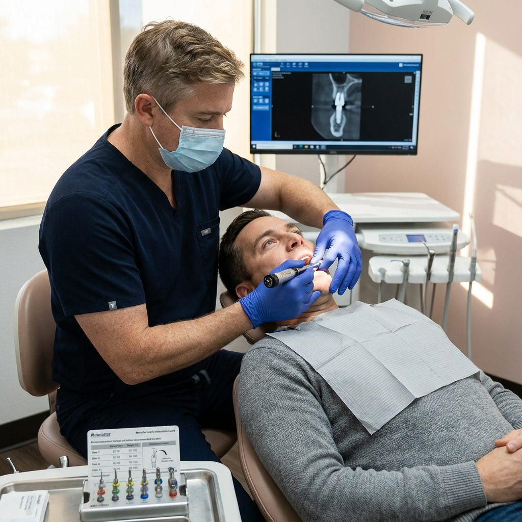 A Schaar Dental Wellness dentist in Victoria, TX uses a tool to secure a dental restoration for a reclined patient.