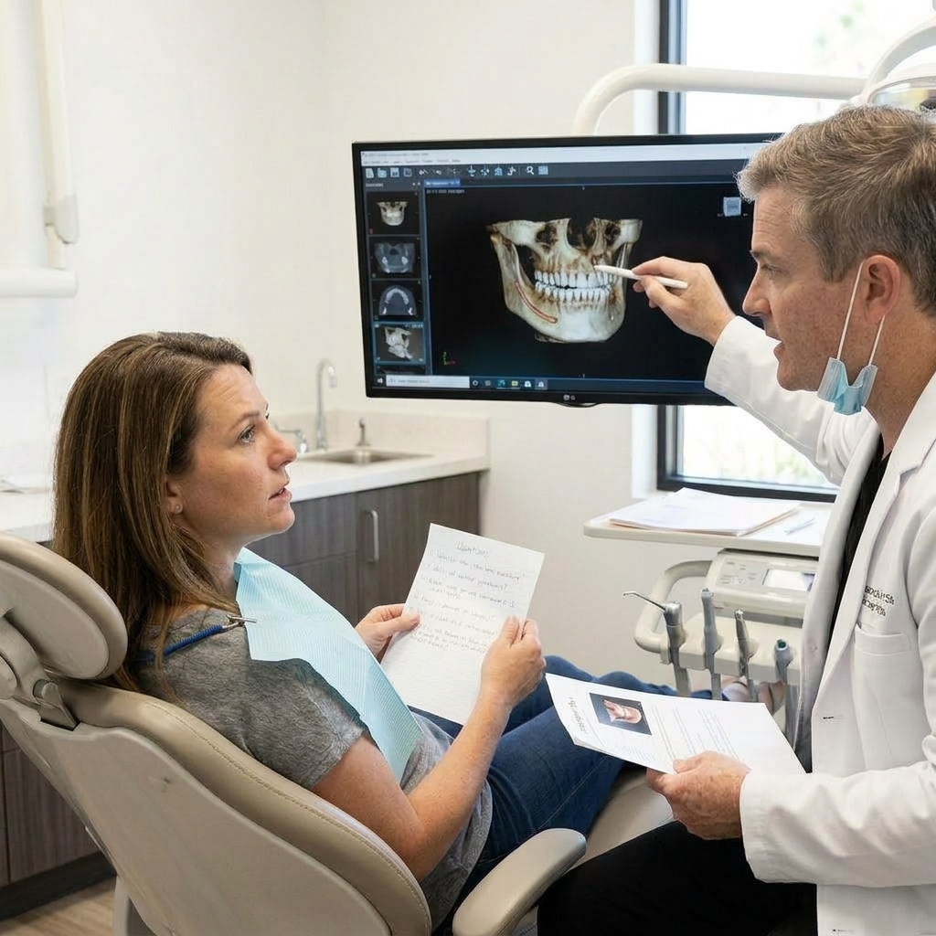 A Victoria dentist at Schaar Dental Wellness explains an oral surgery plan to a patient using 3D imaging on a monitor.