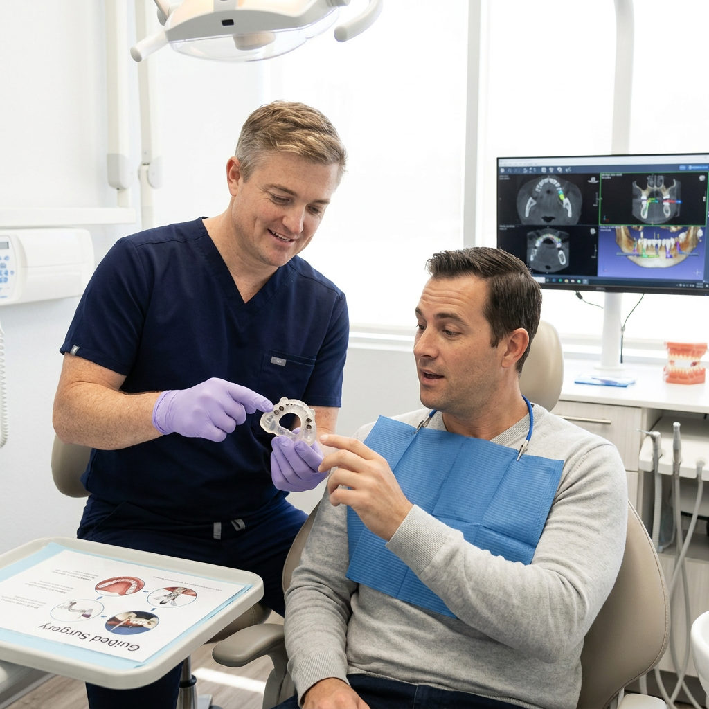 A Schaar Dental Wellness dentist in Victoria, TX shows a patient a 3D-printed surgical guide for implant placement.