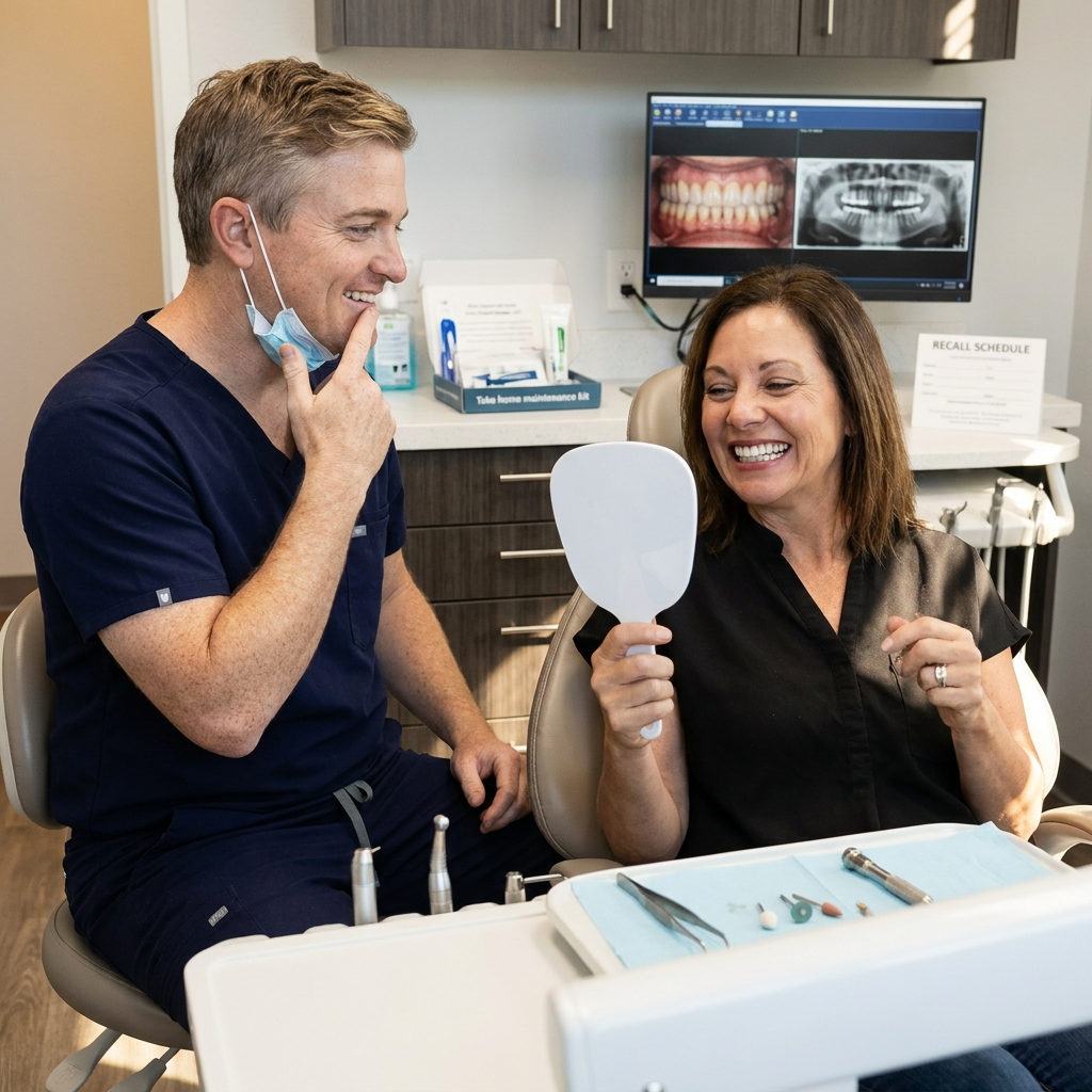 A dentist at Schaar Dental Wellness in Victoria, TX holds a mirror for a smiling patient with new dental implant bridges.