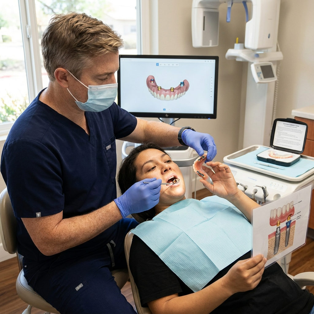 A Victoria dentist at Schaar Dental Wellness shows a patient how a snap-on denture connects to implant locator attachments.