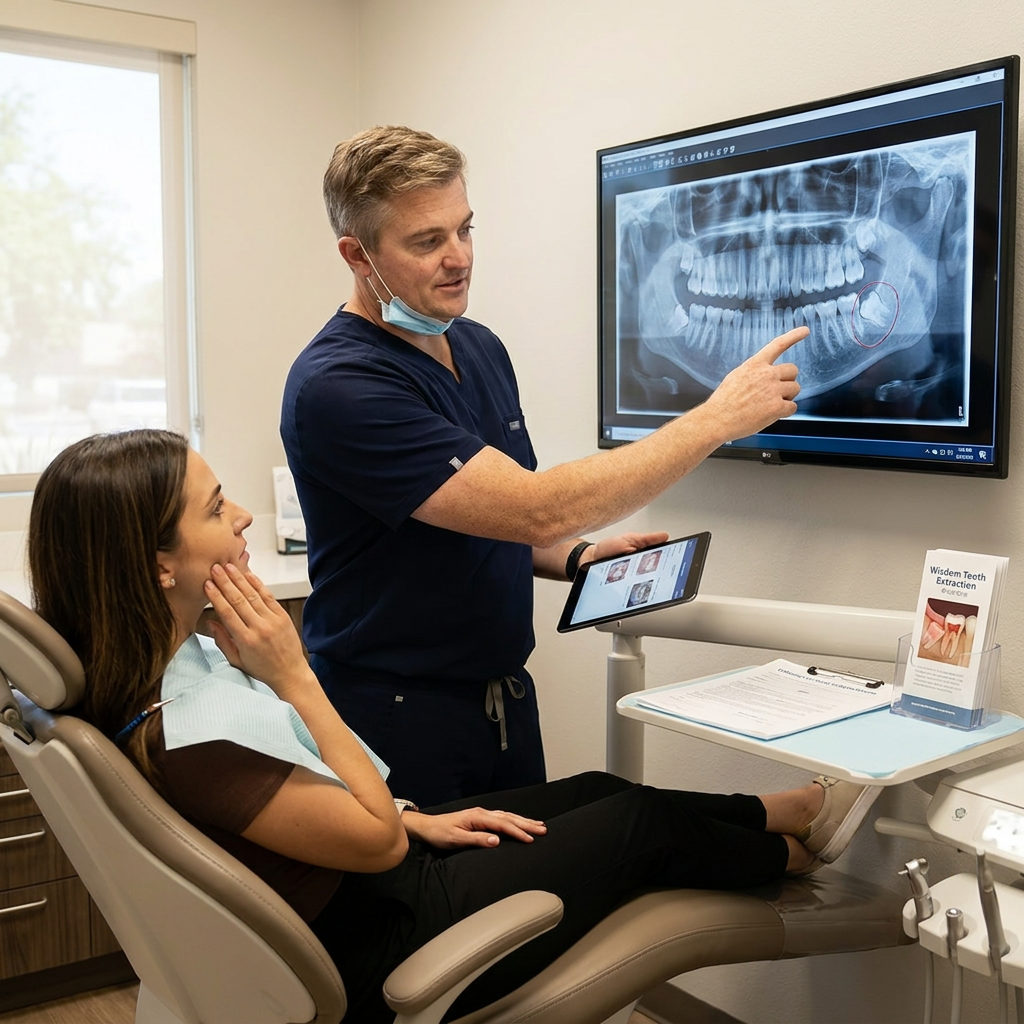 A Schaar Dental Wellness dentist in Victoria, TX, points to an impacted wisdom tooth on an x-ray for a patient.
