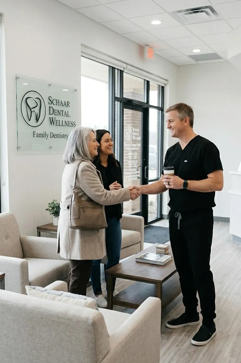 Dentist greeting patients in a bright dental office.