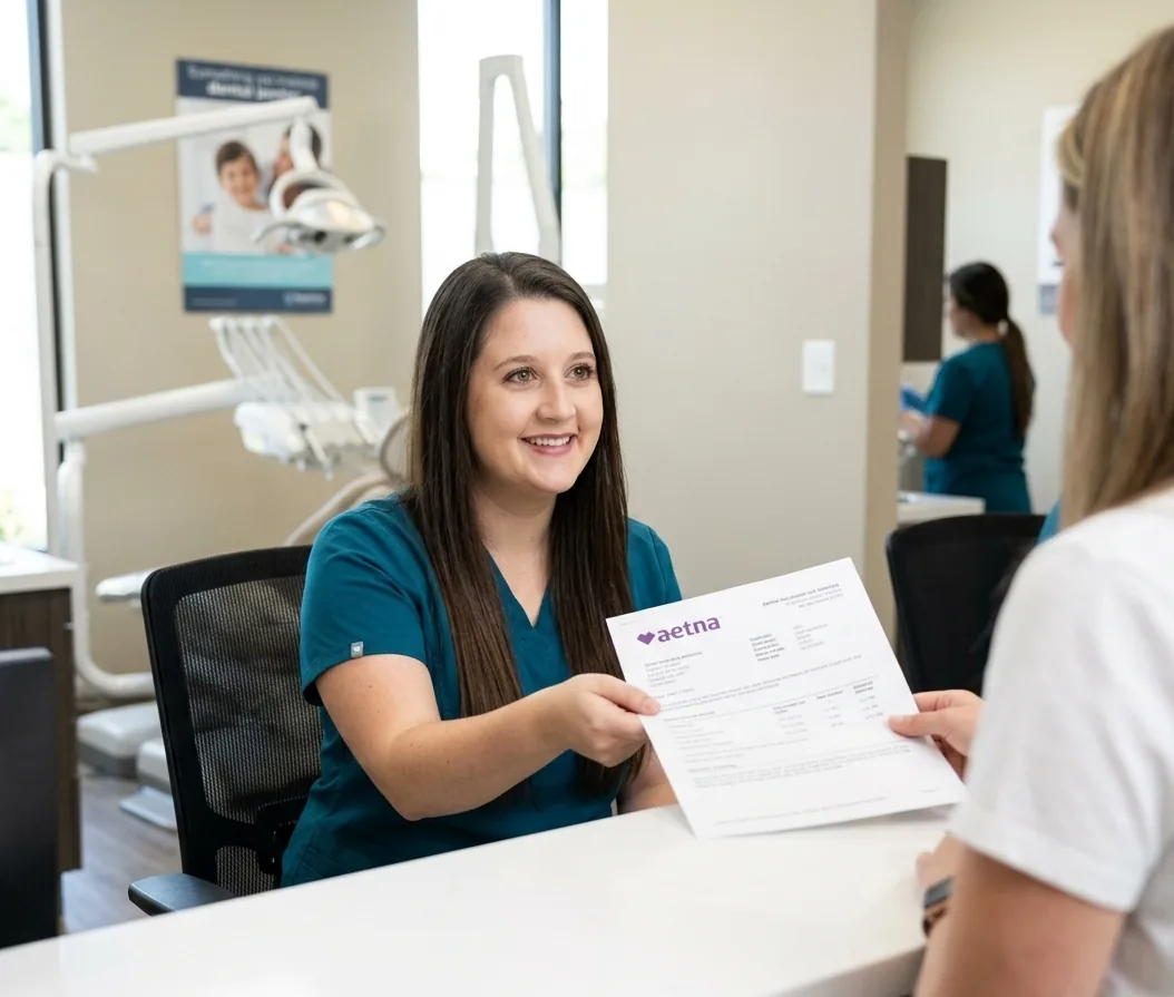 Smiling front desk staff member in teal scrubs handing an Aetna insurance document to a woman across a counter, with a dental treatment room and another staff member behind her.