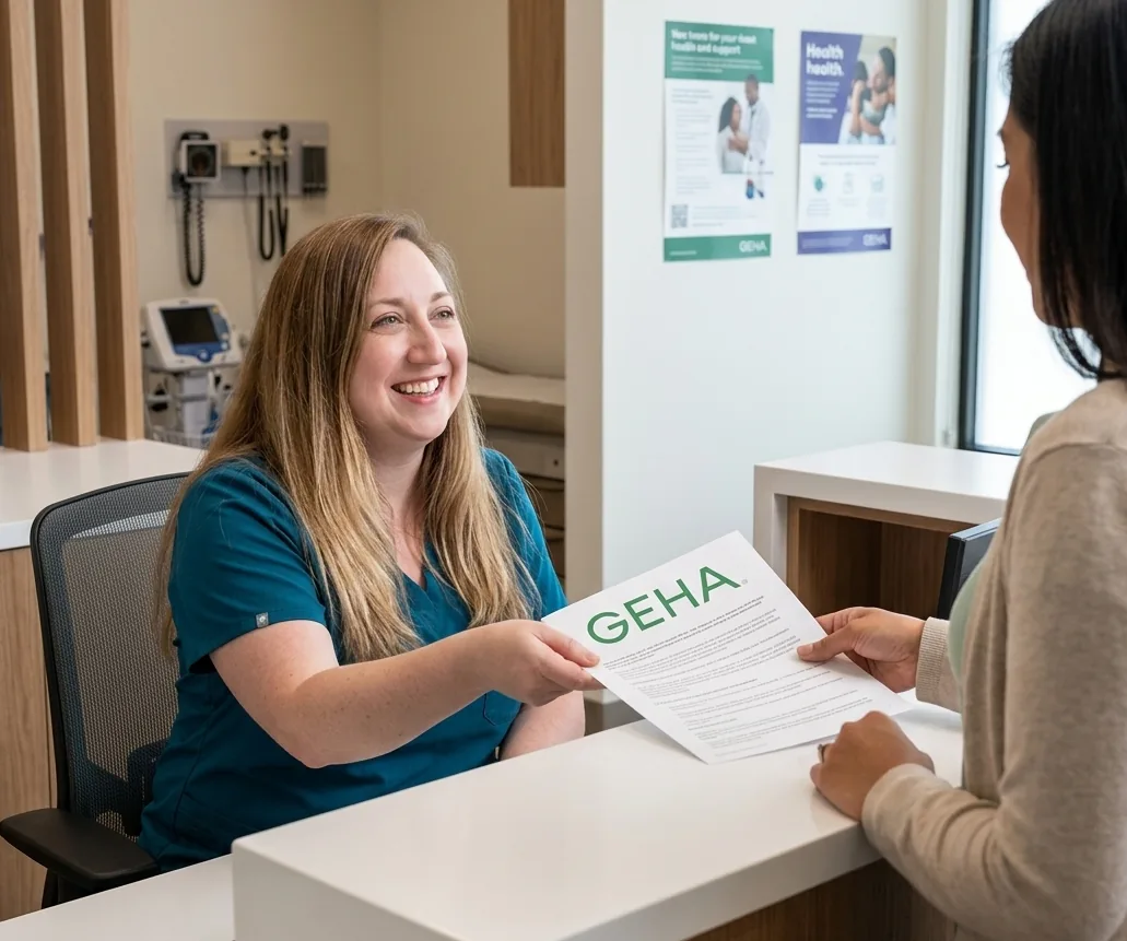 Smiling front desk staff member in teal scrubs handing a GEHA insurance document to a woman across a counter, with GEHA posters and medical equipment in the background.