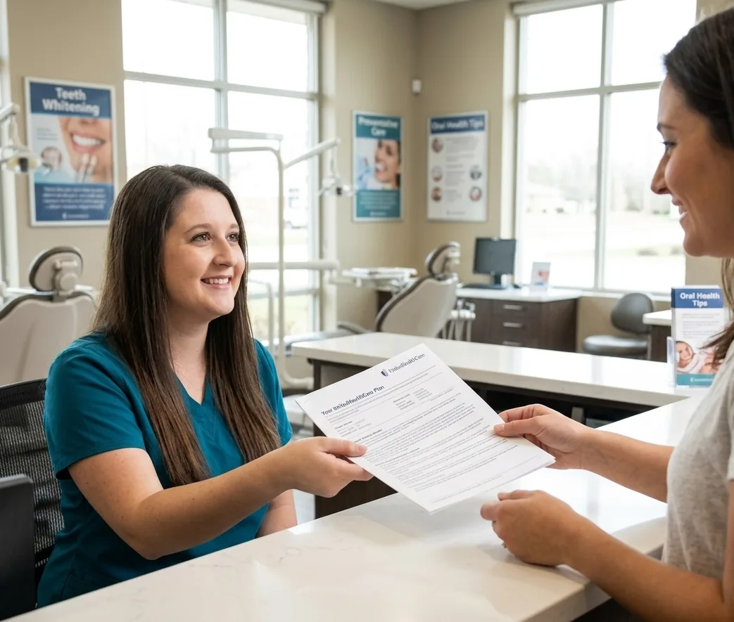 Smiling front desk staff member in teal scrubs handing a UnitedHealthcare plan document across a counter in a bright dental office with treatment chairs behind her.