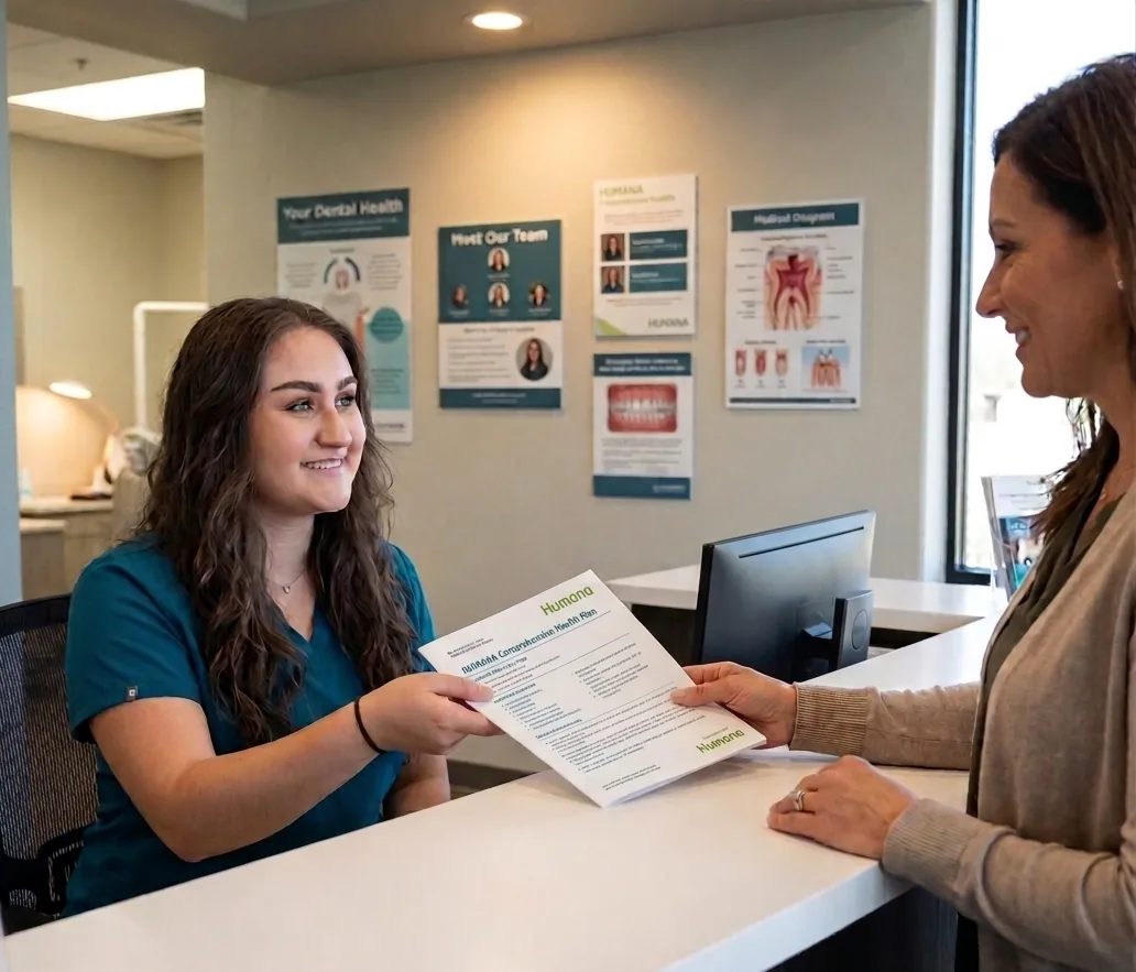 Smiling front desk staff member in teal scrubs handing a Humana health plan document to a woman at a dental office counter, with dental health posters on the wall.