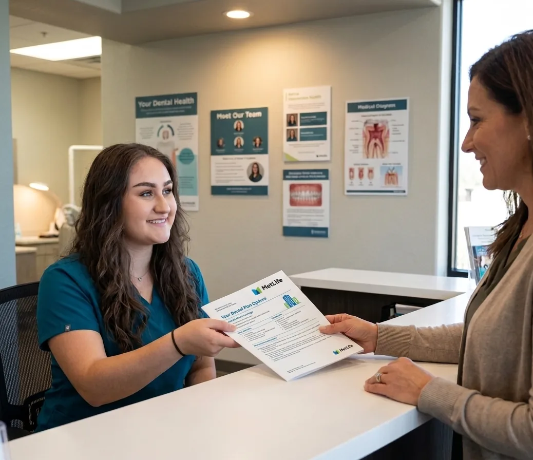 Smiling front desk staff member in teal scrubs handing a MetLife dental plan options sheet to a woman across a counter, with dental health posters on the wall.