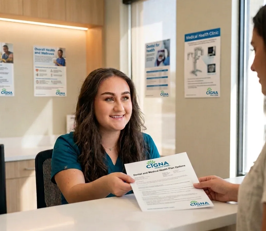 Smiling front desk staff member in teal scrubs handing a Cigna dental and medical health plan options sheet across a counter, with health posters on the wall behind her.