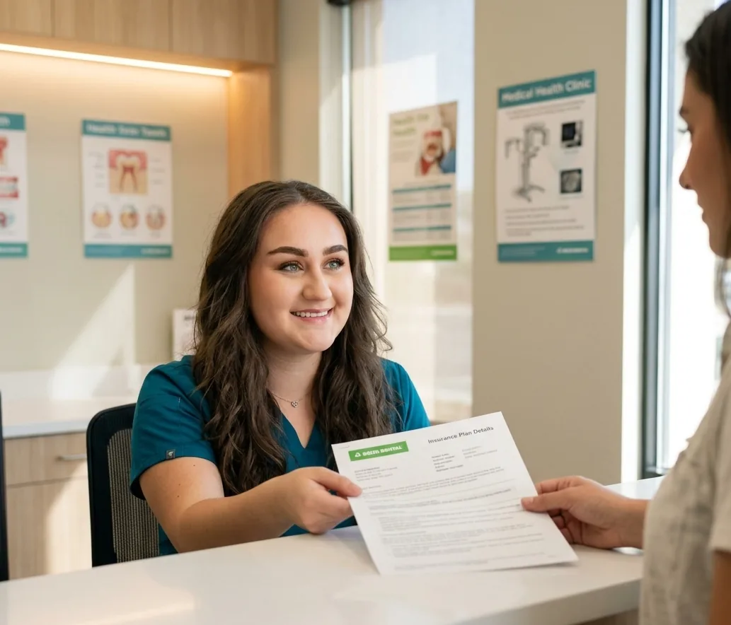 Smiling front desk staff member in teal scrubs handing a Delta Dental insurance plan details sheet across a counter, with dental health posters on the wall behind her.