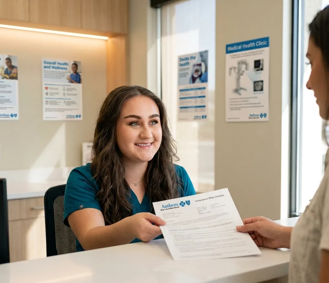 Smiling front desk staff member in teal scrubs handing an Anthem insurance plan details sheet across a counter, with health and wellness posters on the office walls.