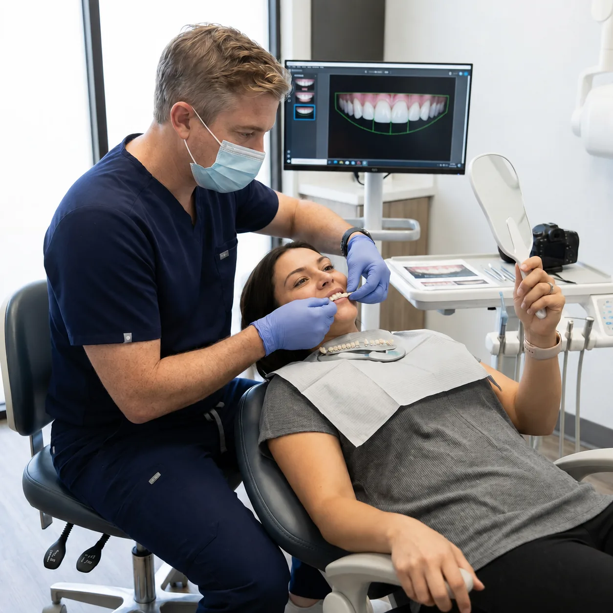 Man in navy scrubs and a face mask fitting a smile mock-up on a woman in a dental chair as she looks in a hand mirror, with a smile design on a monitor.