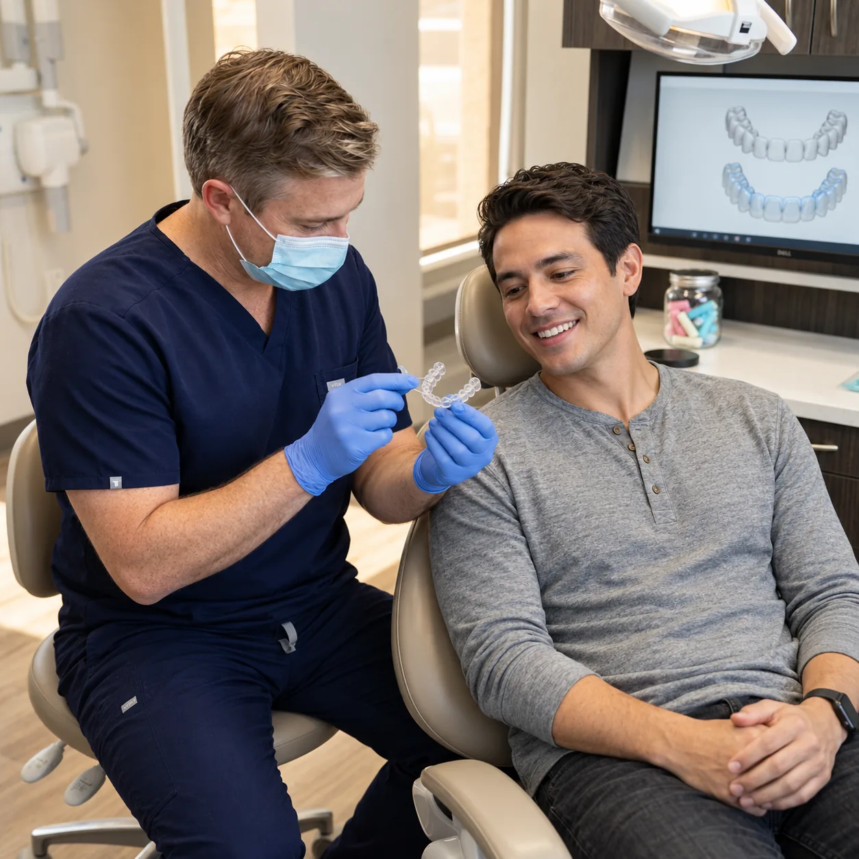 Man in navy scrubs and a face mask holding up a clear aligner tray for a smiling man in a dental chair, with an aligner scan on a monitor behind them.