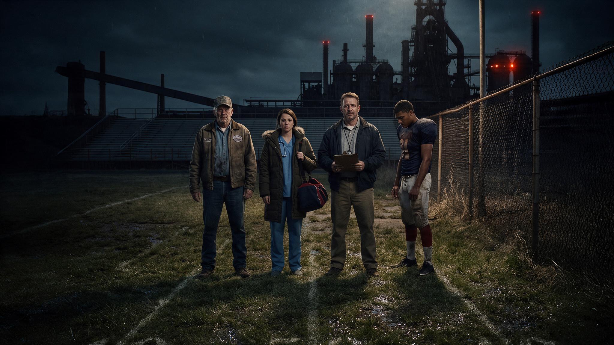 Four characters stand on a football field beneath industrial steelworks at night.