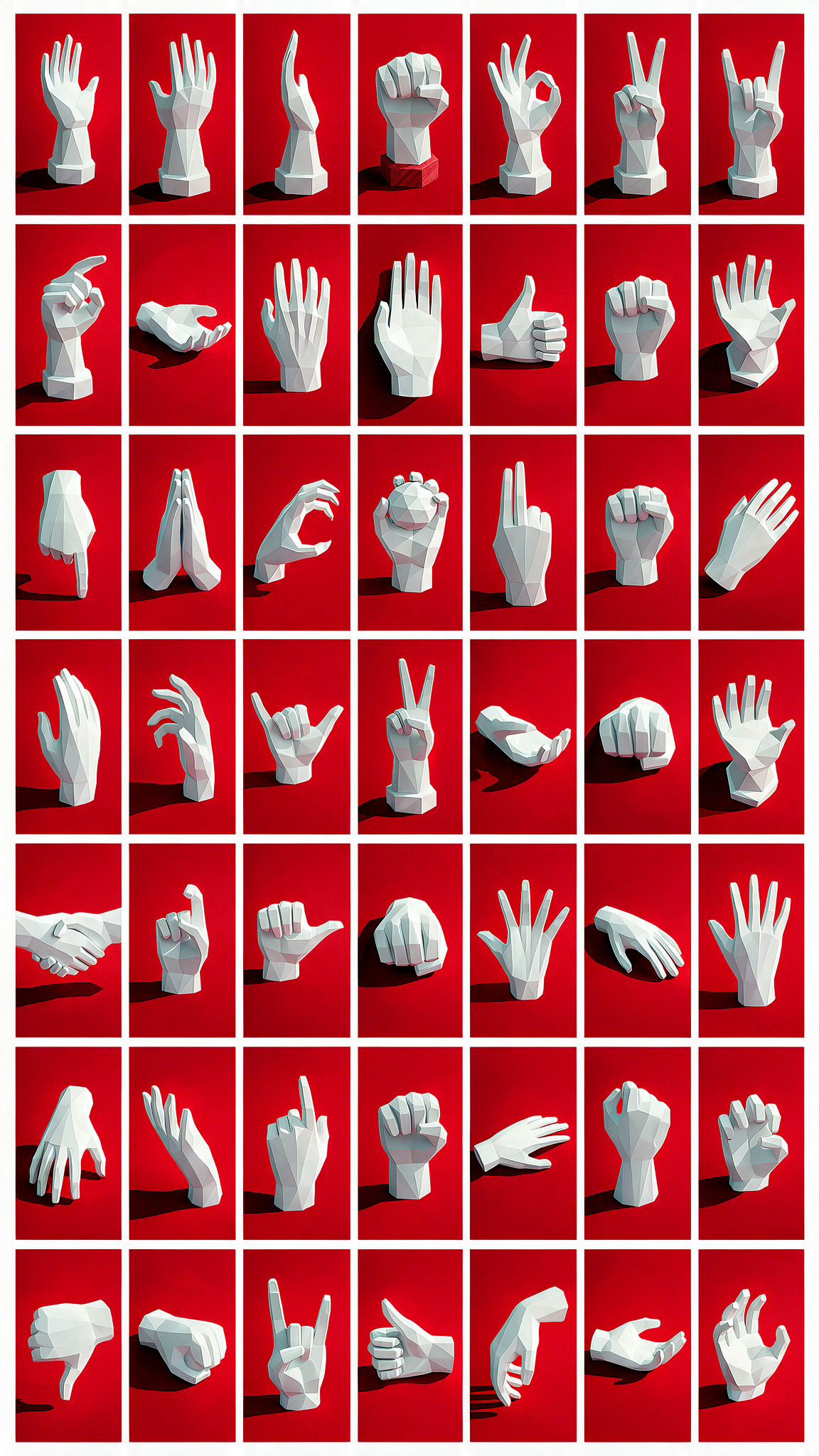 A grid of 49 faceted white hand sculptures making gestures on red panels