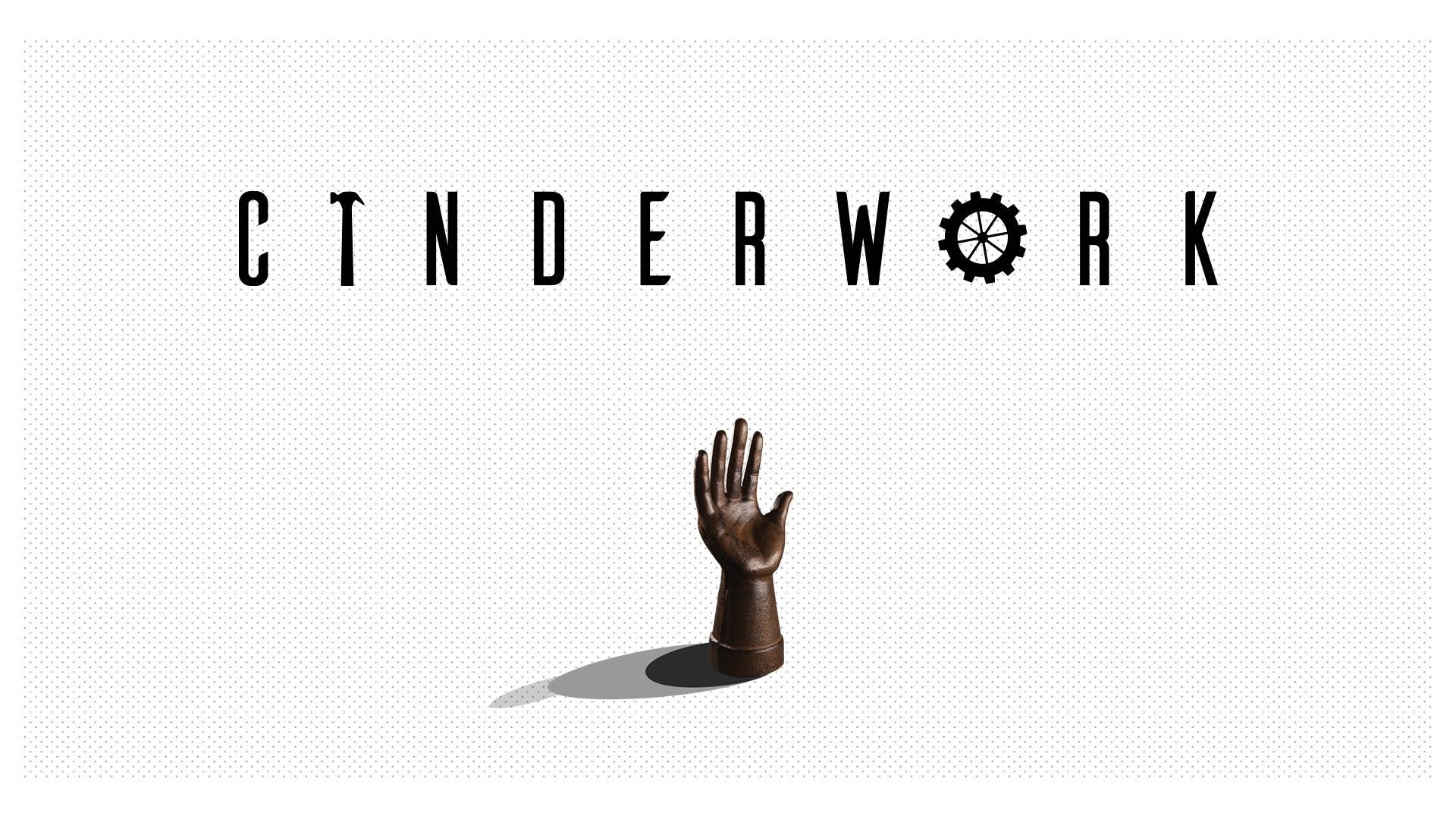Cinderwork title card with a bronze hand sculpture
