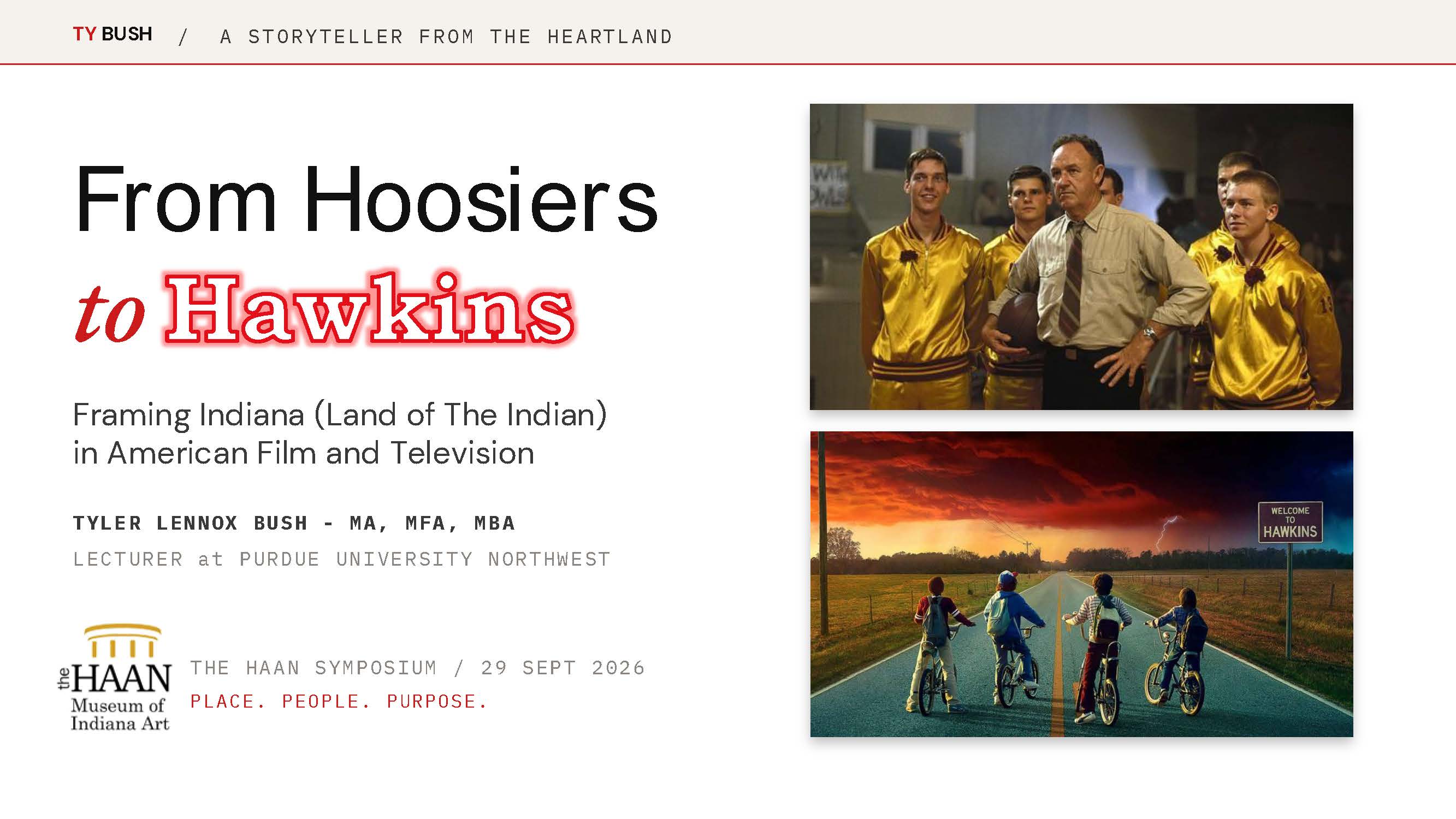 From Hoosiers to Hawkins presentation cover, Haan Museum of Indiana Art symposium