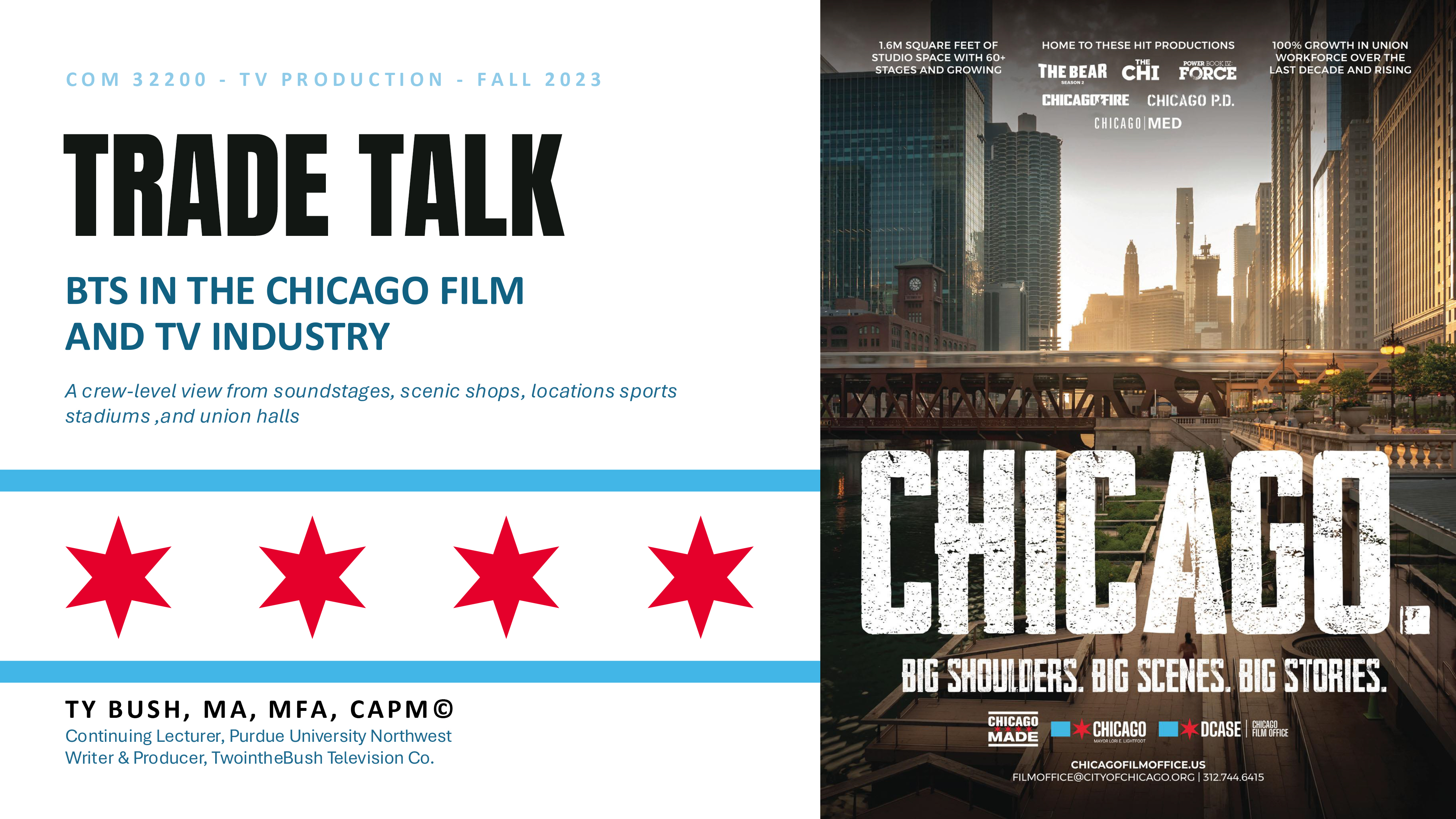 Trade Talk presentation cover with the Chicago flag stars and the Chicago skyline
