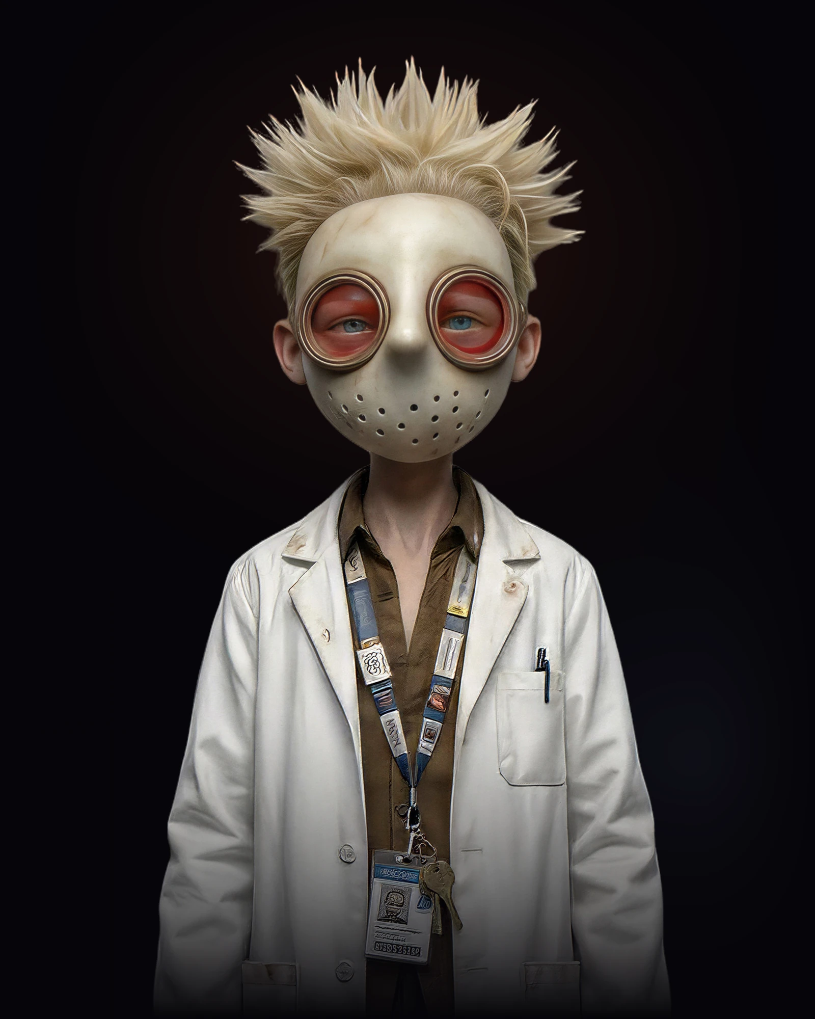 Dr. Blaze Glitch, a 3D-rendered puppet with spiky blond hair, a sculpted clay mask, copper goggles, and a lab coat, lit against a black background
