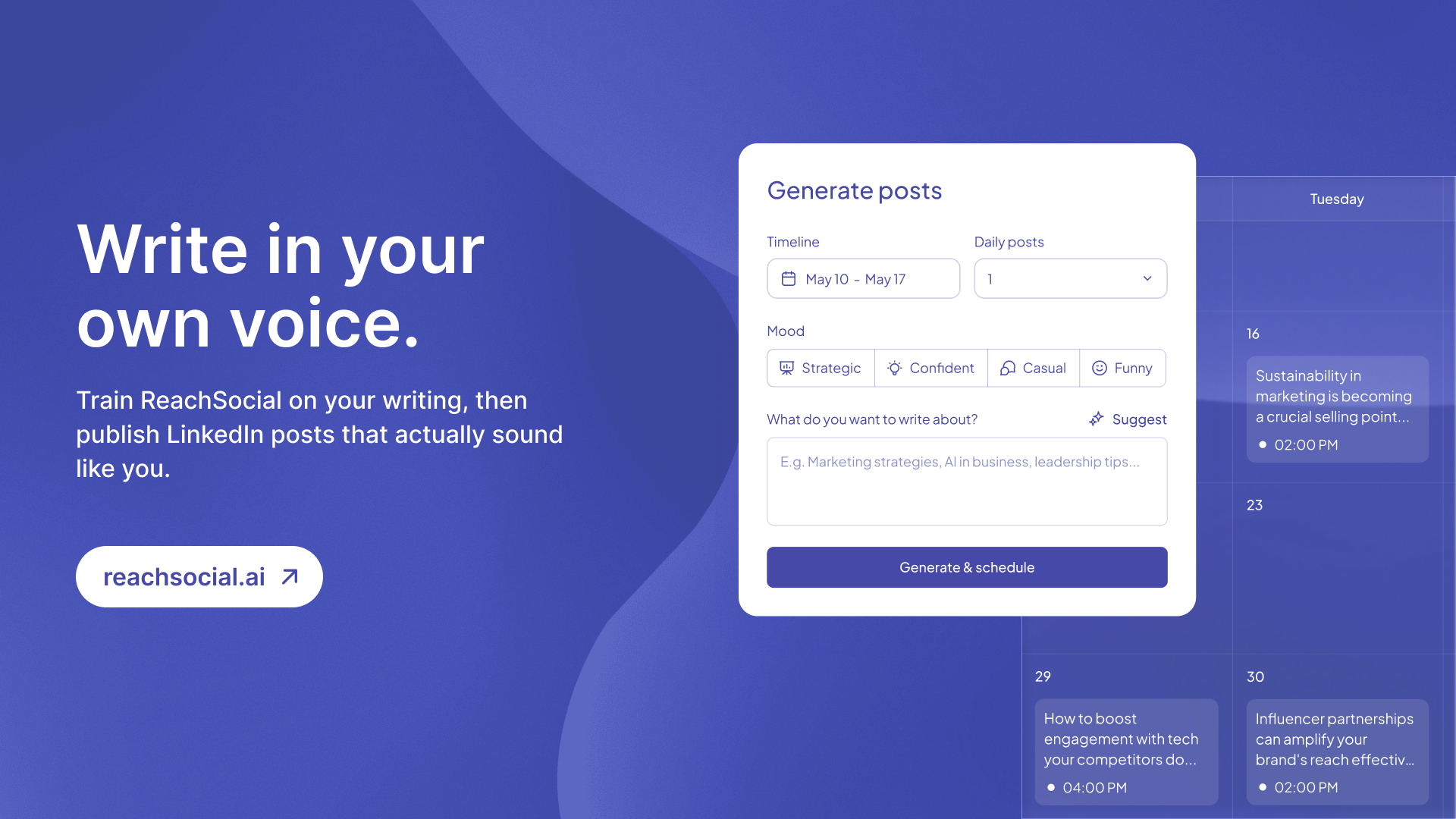 ReachSocial AI writing system setup flow for LinkedIn posts that authentically sound like the founder
