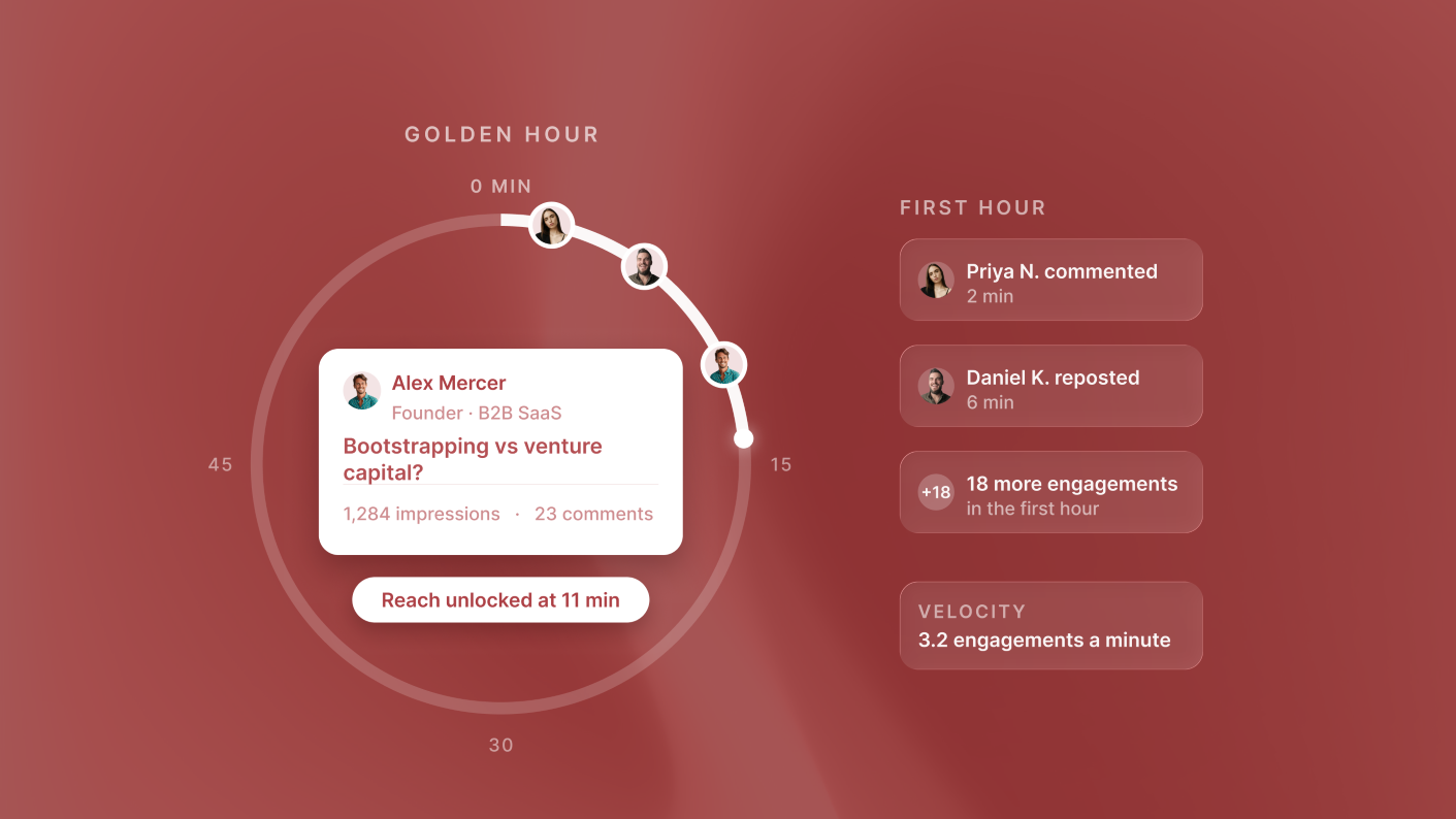 ReachSocial LinkedIn golden-hour post timing card for founder velocity engagement strategy