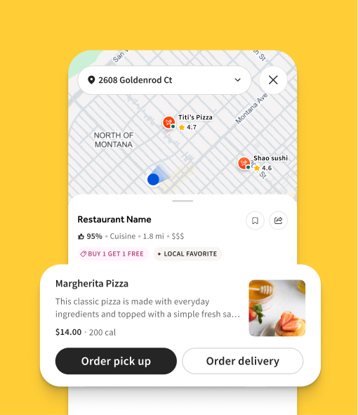 Restaurant pickup and delivery app screen